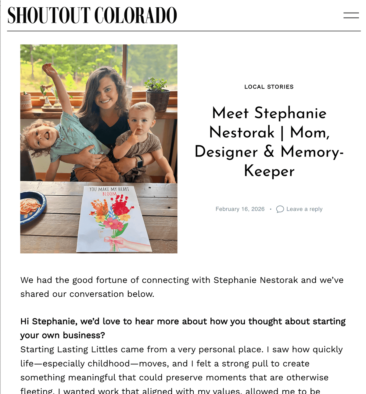 Lasting Littles Featured in Shoutout Colorado: Meet Founder Stephanie Nestorak - Lasting Littles