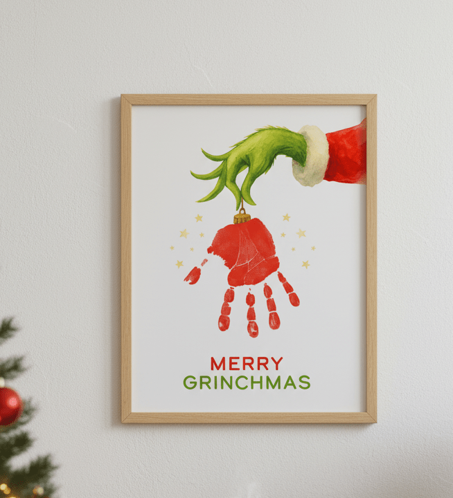 Merry Grinchmas handprint art craft. Christmas craft book for toddlers with colorful print templates.