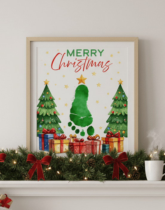 Festive baby craft template for creating Christmas keepsake prints. Merry Christmas footprint foot christmas tree
