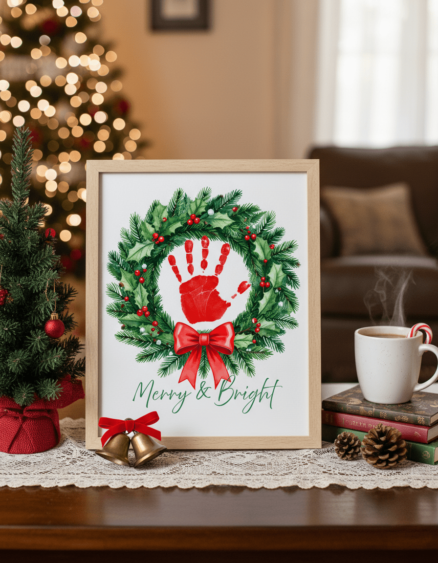 Kids holiday footprint art page for making winter keepsakes. Wreath handprint keepsake art