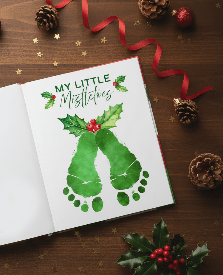 Holiday craft template book showing festive kids artwork layout. My little mistletoes footprint foot art craft keepsake. sibling keepsake art.