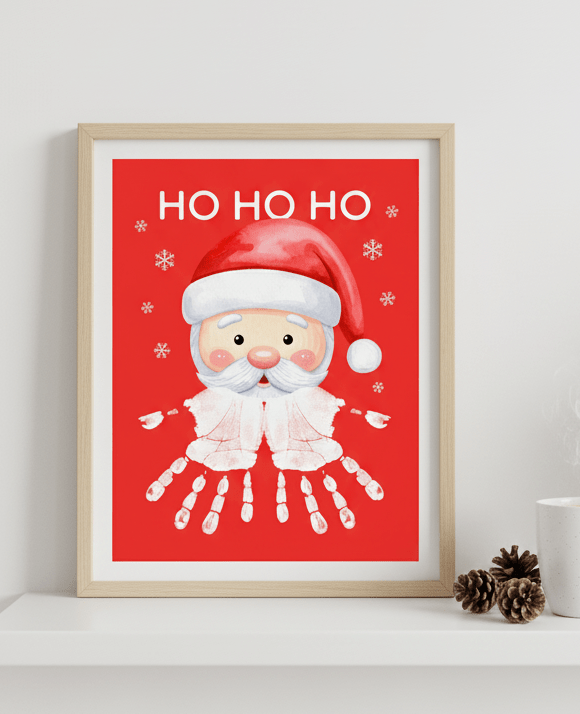 Ho Ho Ho baby handprint keepsake. Winter kids craft book showing cute handprint ornament design.