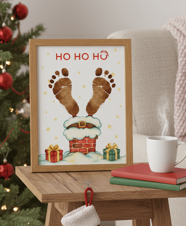 Foot Ho Ho Ho art craft. Santa going down chimney. Christmas footprint art page for babies creating seasonal memories.