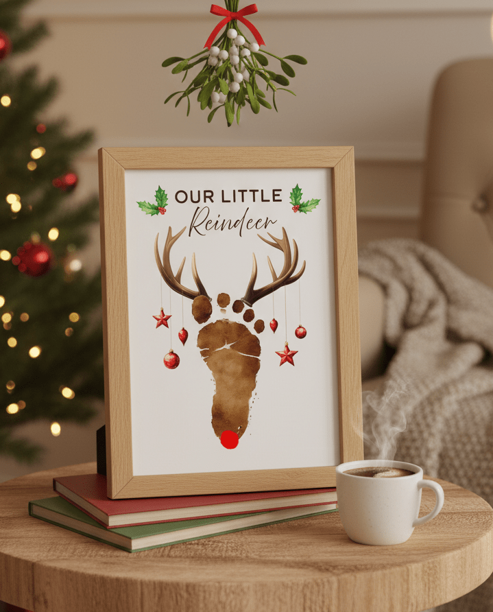 Children’s holiday art page featuring winter footprint reindeer. Our little reindeer foot footprint keepsake craft art