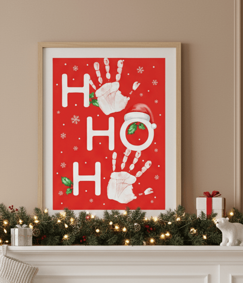 Baby’s first Christmas keepsake page for handprint artwork. Sibling handprint art. Ho Ho Ho christmas handprints